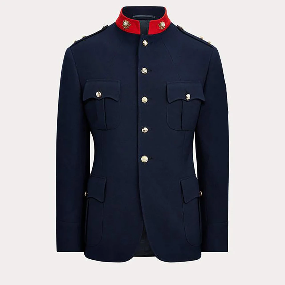 

Men's Navy Military Style Band Collar Blazer Red Trim Single Breasted 1 Piece Suit Jacket for Formal Wedding Prom Party