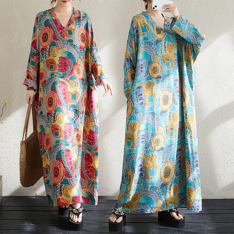 

Loose Fit Long Sleeve V-Neck Maxi Dress Thin Cotton Linen Material Spring New Style Simple Holiday Wind Women's Dress