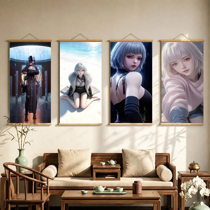 Ling Cage Hanging Scroll with Silver Haired Anime Women in Futuristic Outfits and Soft Close Up Portraits for a Bedroom