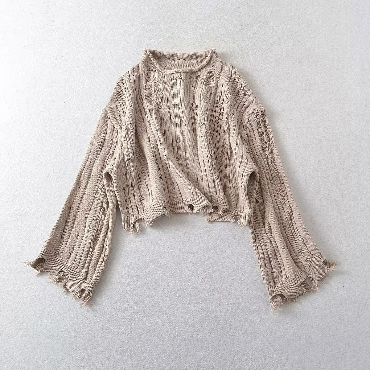 Withered French Country Style Retro Hollow Knit Cropped Top Casual Knitted Bell Sleeves Loose Sweater Women