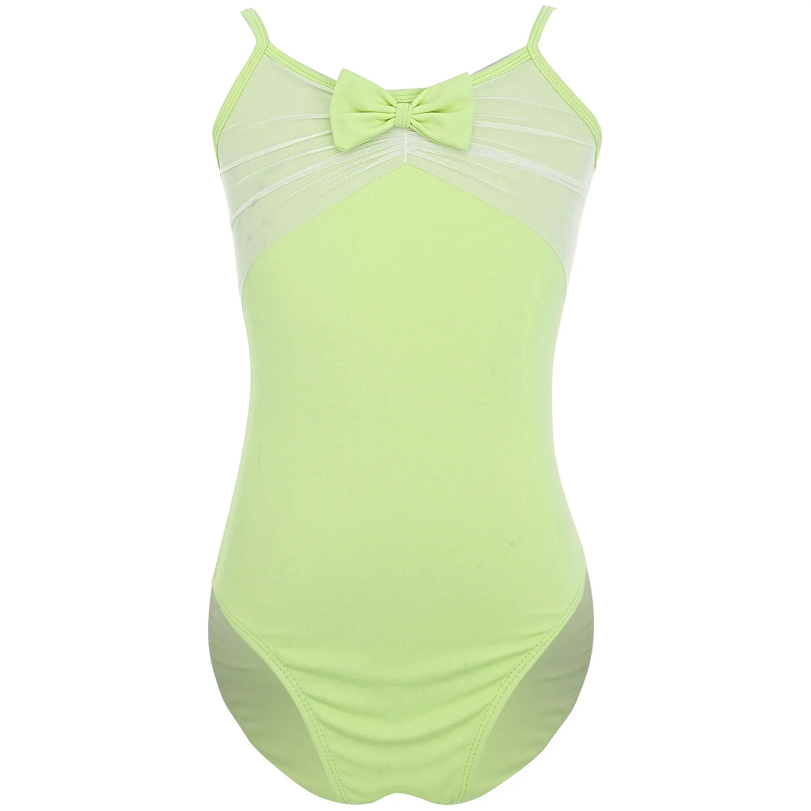 Kids Girls Ballet Gymnastics Dance Daily Practice Performance Costume Ruched Mesh Overlay Backless Spaghetti Strap Leotard Suit