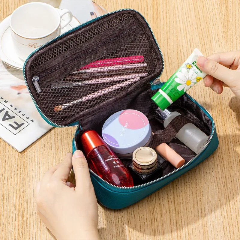 Multi-Purpose Genuine Leather Cosmetic Pouch, Travel Organizer Bag for Toiletries, Makeup Brushes, Skincare & Small Accessories