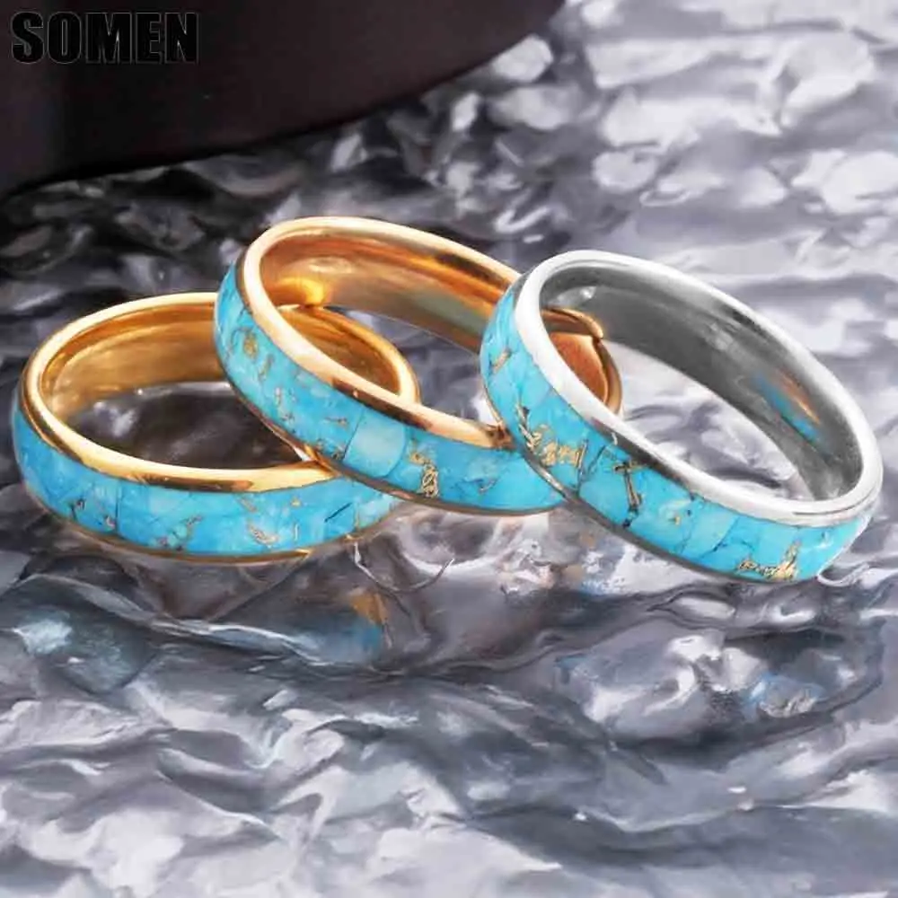 Somen 6mm Tungsten Carbide Wedding Band For Men Gold Color line and Turquoise Inlay Engagement Promise Ring Jewelry Comfort Fit