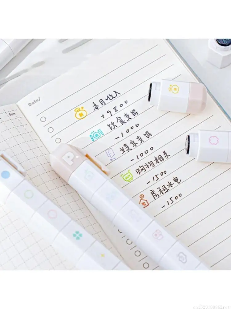 

D5BB 6 Pattern in 1 Stamp Pen With Interchangeable Head For Notebook Planner Diaries