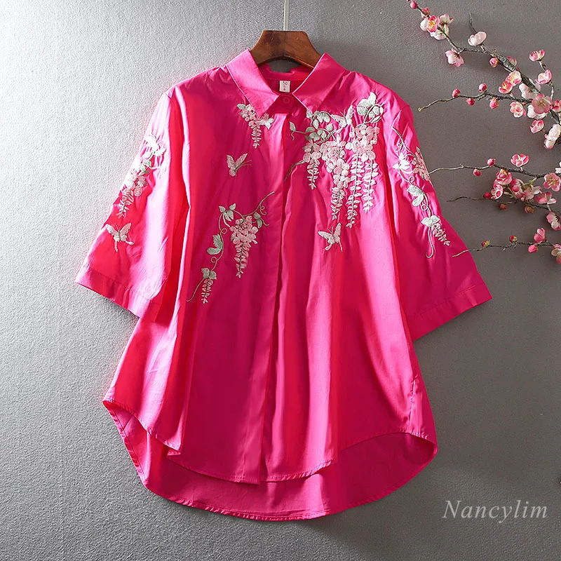 Retro Chinese Style Embroidery Shirts for Women Casual Loose Lapels Bright Fashion Mid-Length Cotton Mid-Sleeve Blouses and Top