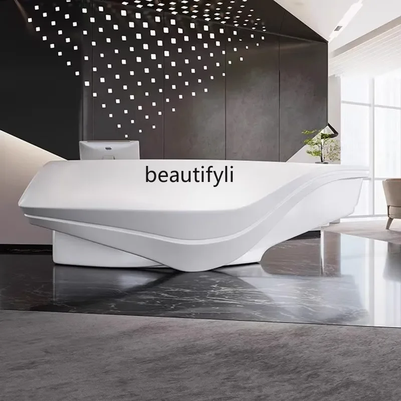 yj7 Painted Front Desk FRP Reception Desk Hotel Beauty Salon Cashier Modern Fashion Counter Company Curved Bar