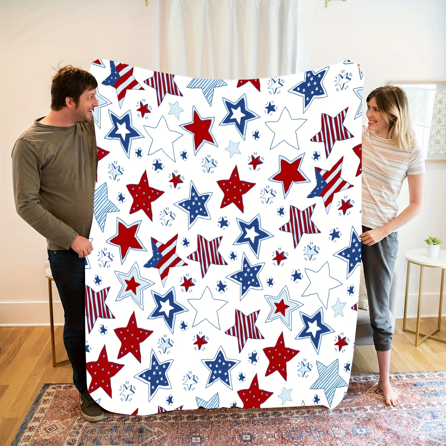 American Flag Stars Pattern Blanket, Patriotic Red White Blue Throw for Home Decor Soft Fleece Material Multiple Sizes Available