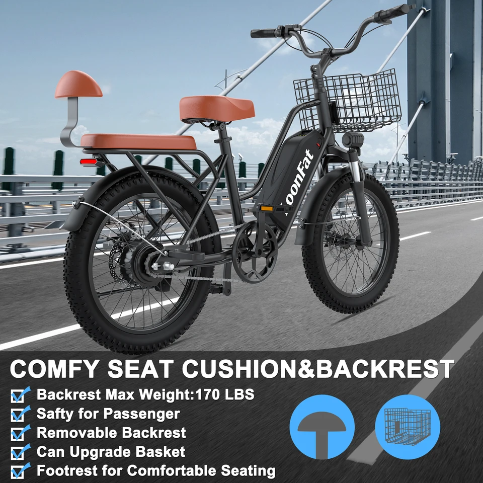 LoonFat T20 Black Adult Ebike 1000W Motor 25 MPH Speed Limiter 48V 15.6Ah Lithium Battery 170 Lbs Max Load Cable Brakes image 7