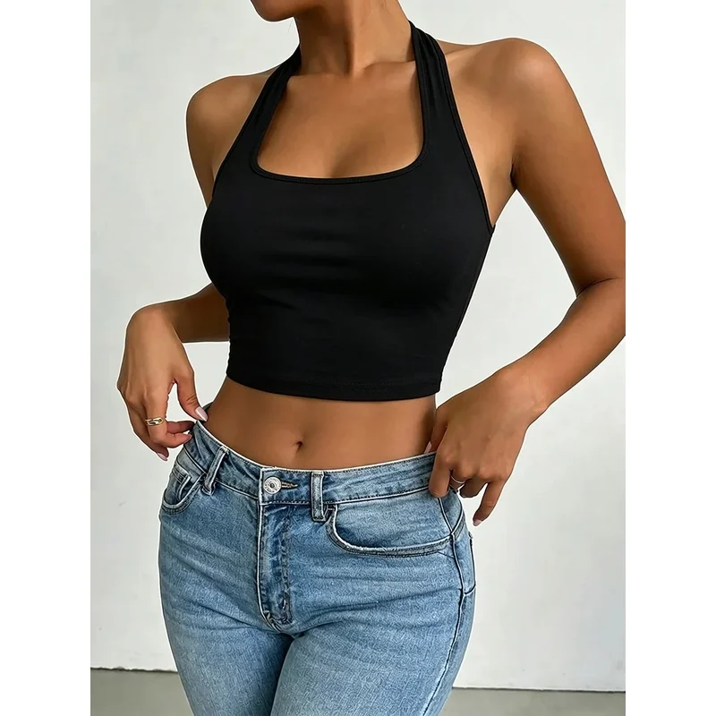 Elegant Casual Sleeveless Square Neck Backless Hanging Neck Top Comfortable Sexy Solid Color Women's Fashion Top