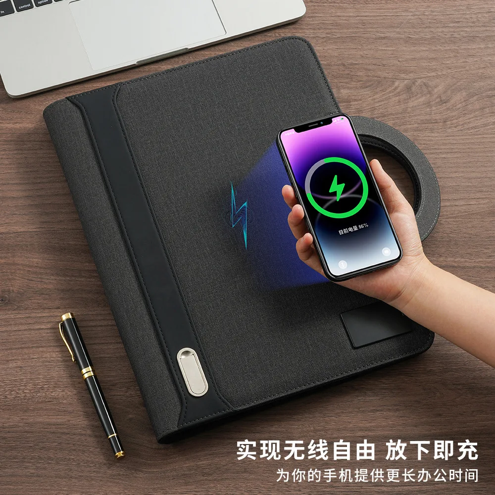 A4 Wireless Charging Business Folder Handbag PU Leather Document Organizer with 10000mAh Power Bank and Notepad for Meetings