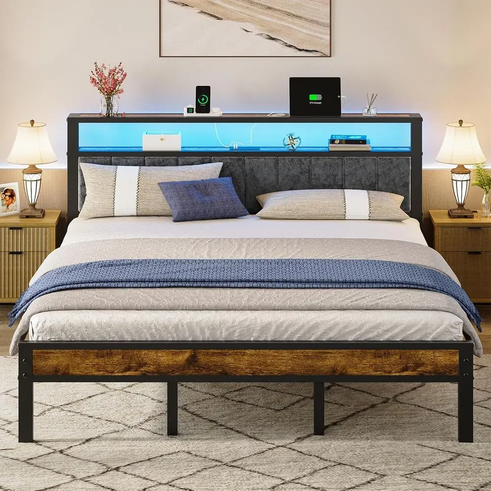 

Grey King Size Platform Bed with LED Lights, Upholstered Headboard, 2-Tier Storage, Charging Station, Noise-Free, No Box Spring