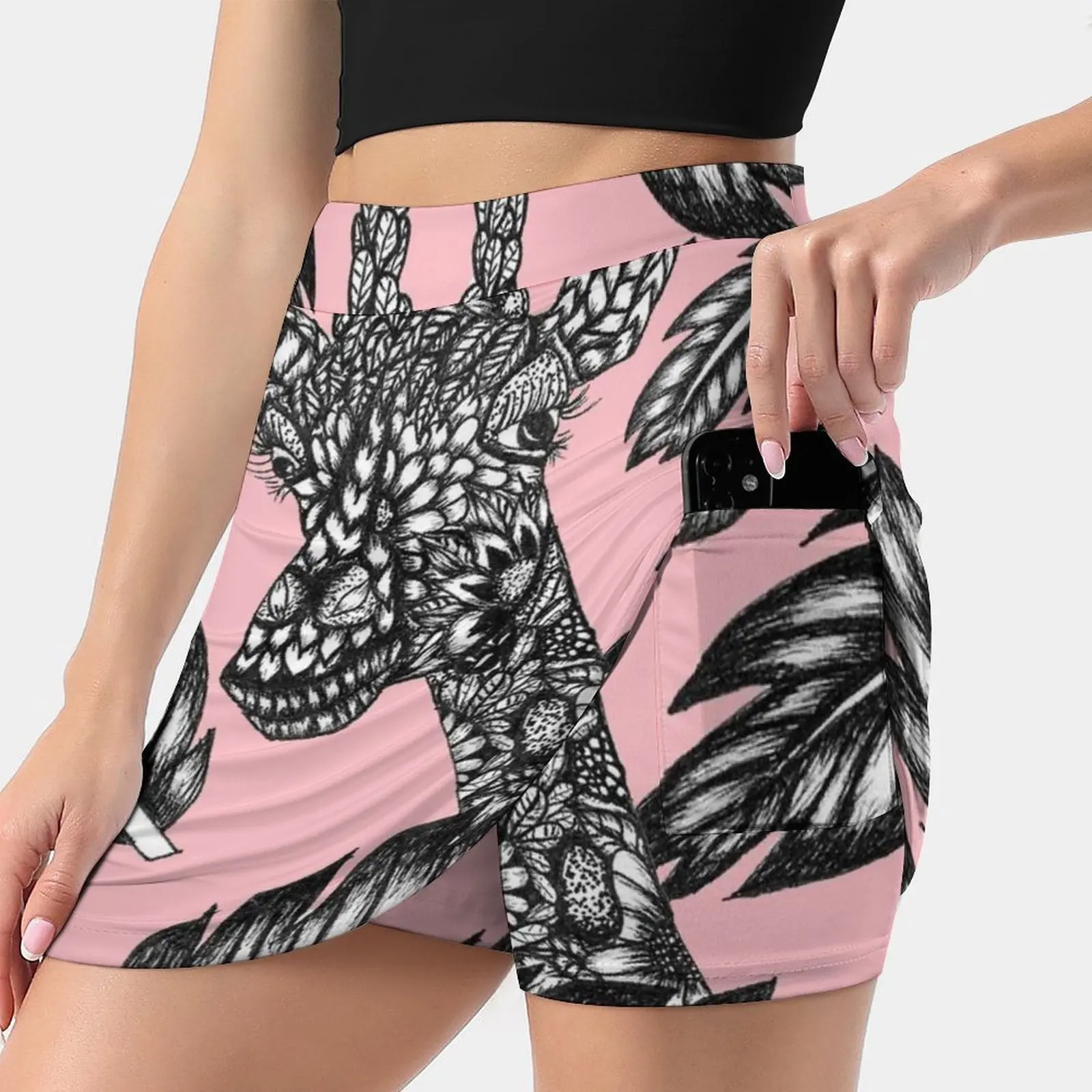 Cute Black White Floral Giraffe Pink Illustration Women's skirt Sport Skort Skirt With Pocket Fashion Korean Style Skirt 4Xl