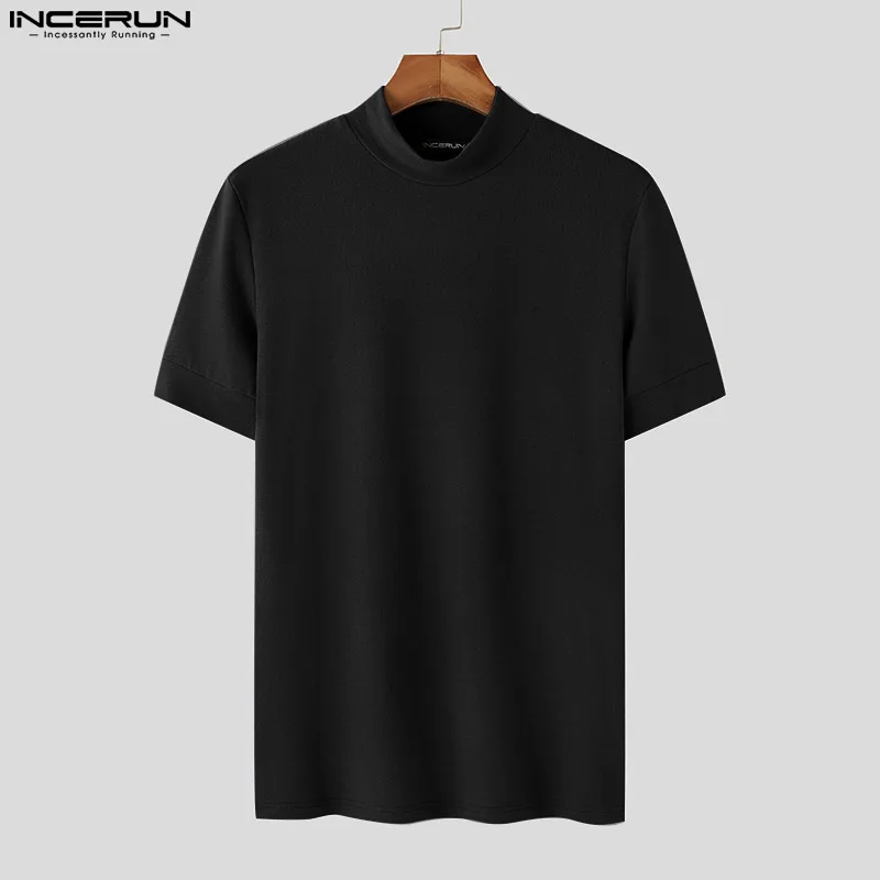 INCERUN Tops 2024 Korean Style New Men Small High Necked Tight Fitting T-shirts Casual Street Solid Short Sleeved Camiseta S-5XL