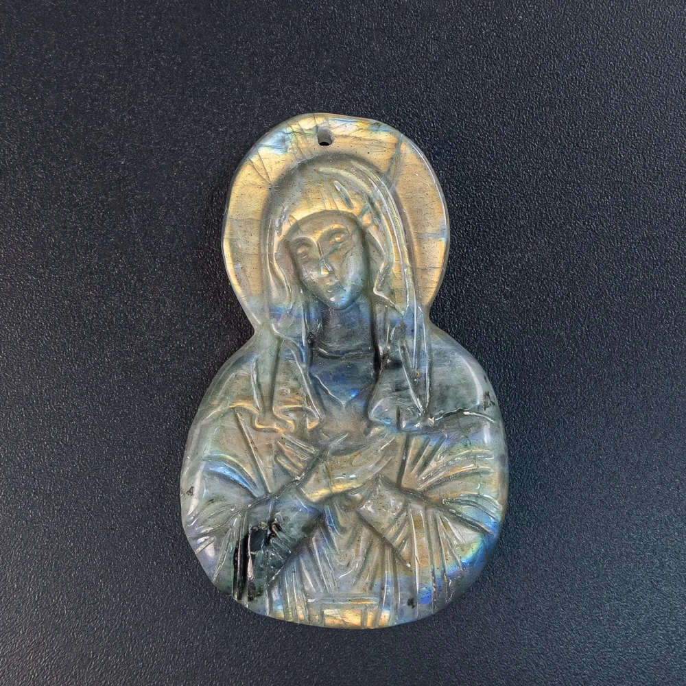 Bicolor Flash Labradorite DIY Pendants 54X34X8MM Virgin Mary Carved Pendant with Hole For Jewelry Making Diy Necklace