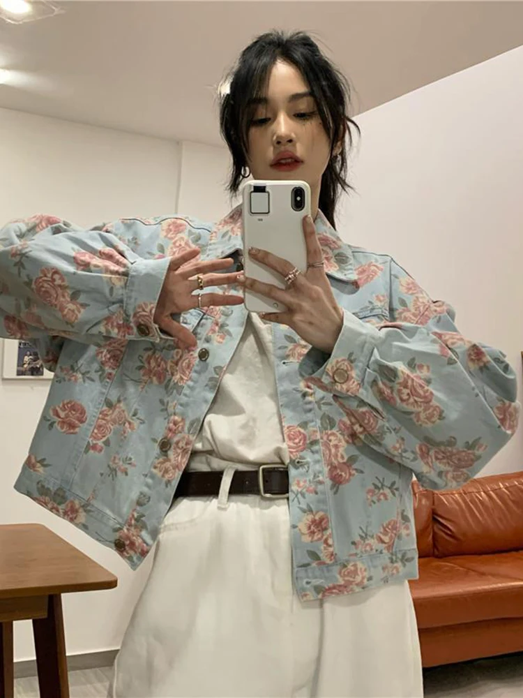 Jmprs Vintage Rose Floral Denim Jackets Women Korean Loose Elegant Short Coat Sweet Long Sleeve Casual Lady Retro Harajuku Tops
