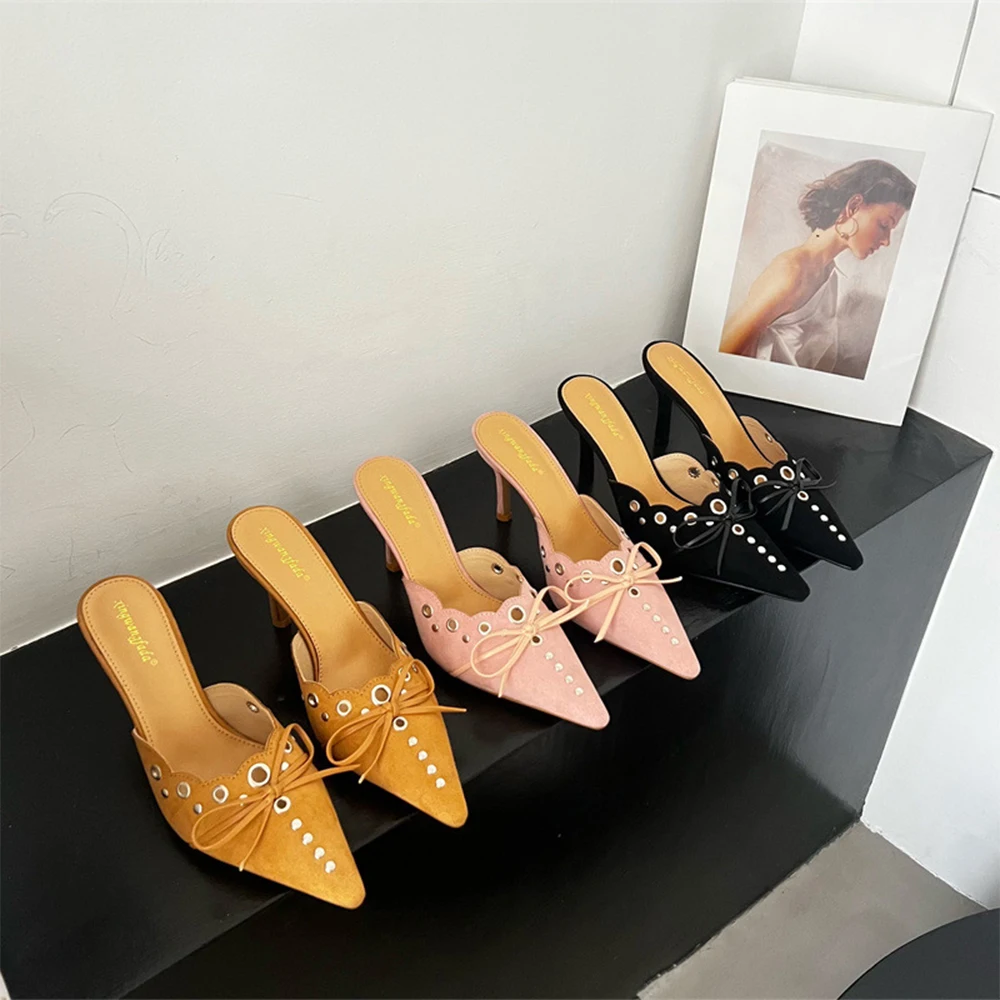 

Kitten Heel Slippers for Women Bow Tie Suede Stiletto Heels Mule Pointed Toe Studs Slide Heeled Sandal Pumps for Dress Party