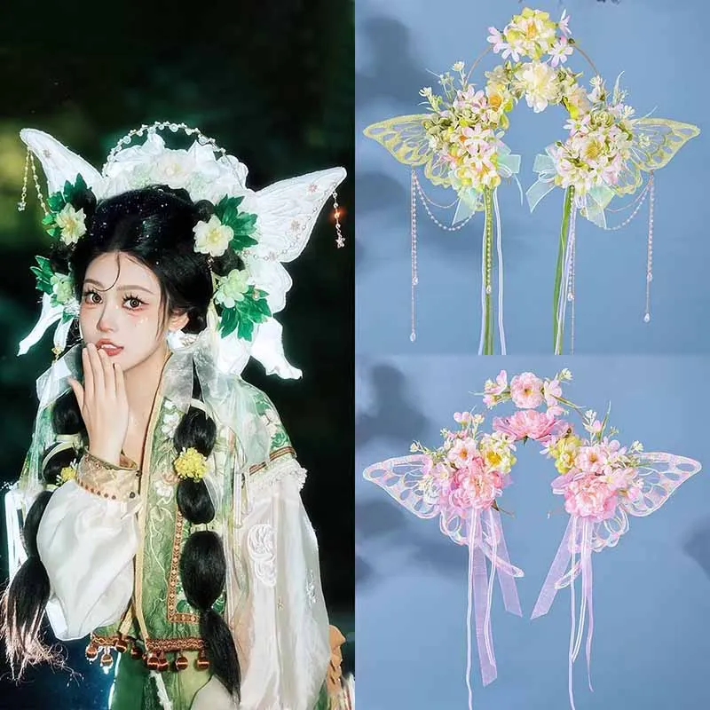 Hair Bands Hairpins Girls Hanfu Headdresses Tassels Headbands Chinese Antique Pink Green Silk Flower Butterfly Hair Accessories