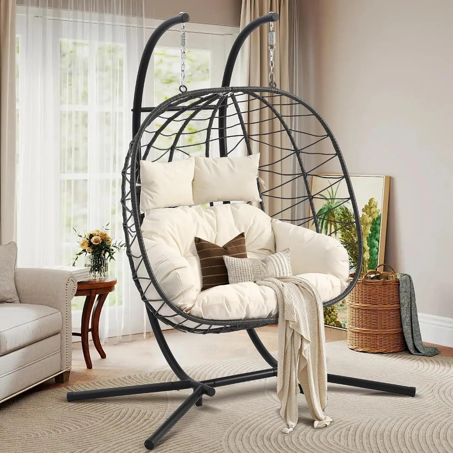 Double Hanging Egg Chair with Stand, Beige Foldable Wicker Loveseat for 2, 650 lbs Capacity, Cushioned Swing Chairs