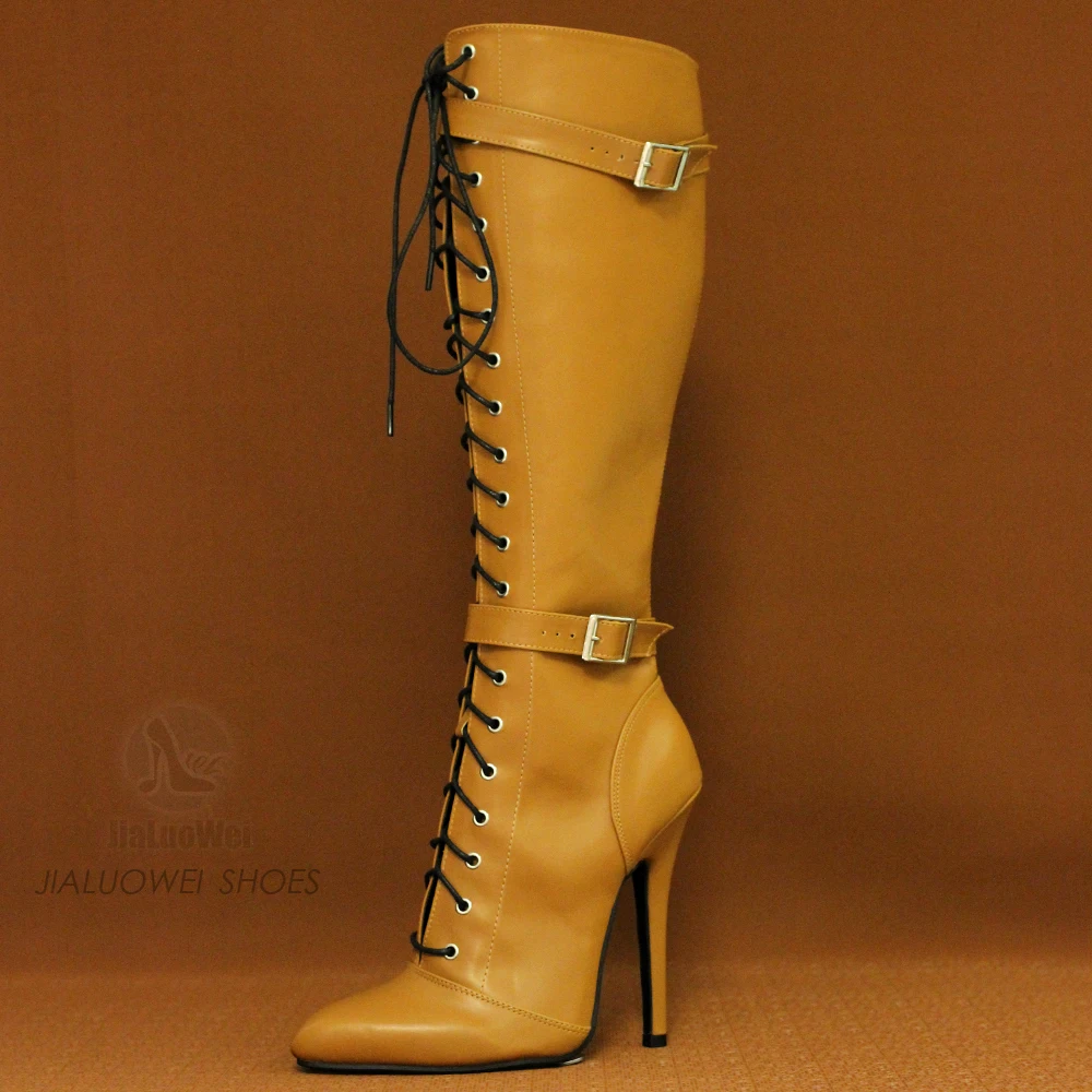 14CM High Heel Pointed Toe Lace Up Knee High Boot Vegan Vintagefashion Bondage Corsets Shoes