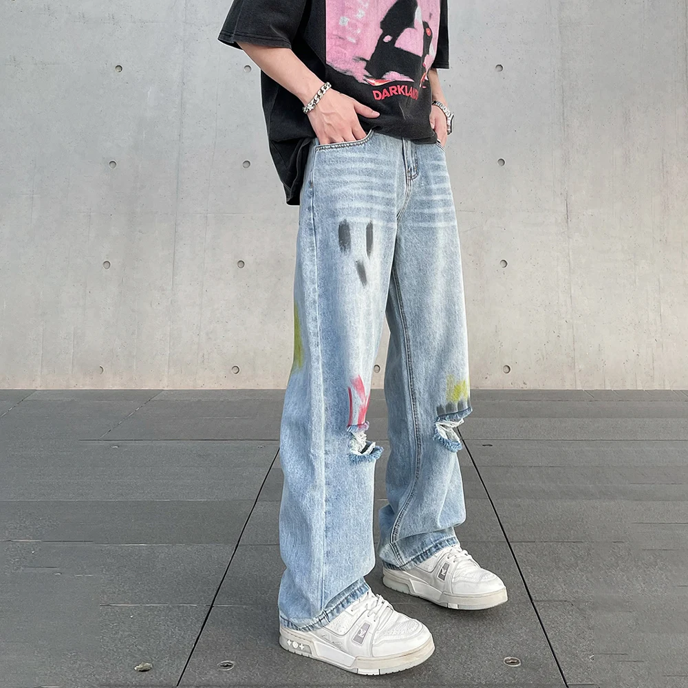 Abstract Graphic Splash-ink Ripped Jeans Men Loose Straight-leg Street Summer Trousers Streetwear Autumn Baggy Y2k Denim Pants