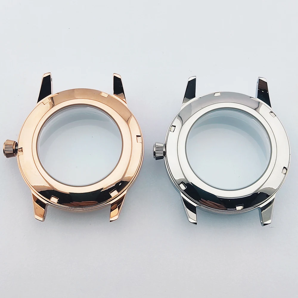 Cassa per orologio da cocktail da 40 mm Custodia nh35 senza logo Custodia in vetro minerale rosa/argento adatta al movimento automatico NH35/NH36/NH38 con quadrante da 35 mm