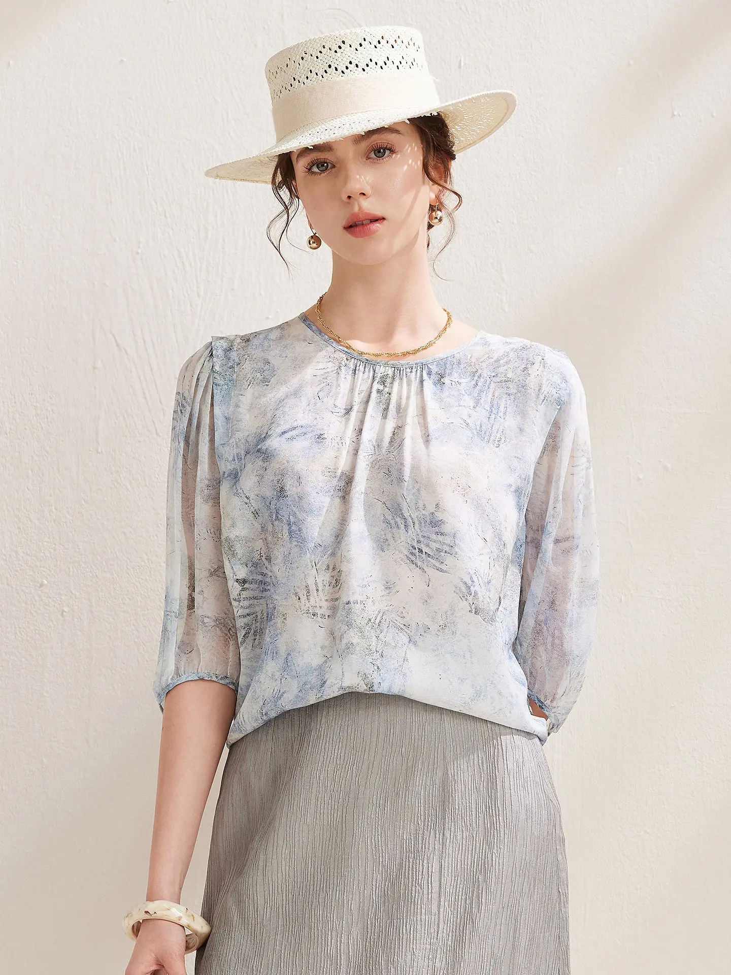 

Elegant Floral Silk Top Women's Elegant Atmosphere Half Sleeve New Style Spring Summer Fashionable Commute Simple Style
