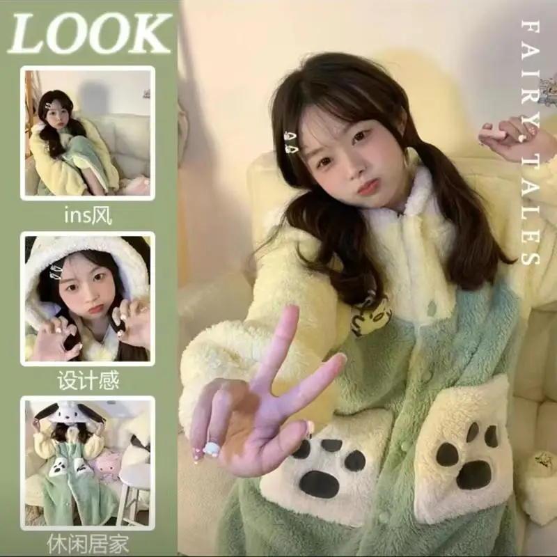 Kawaii Plush Pajamas Cinnamoroll Anime Nightgown Cartoon Kuromi Fleece Pajamas Leisure Thicken My Melody Loungewear Decorate