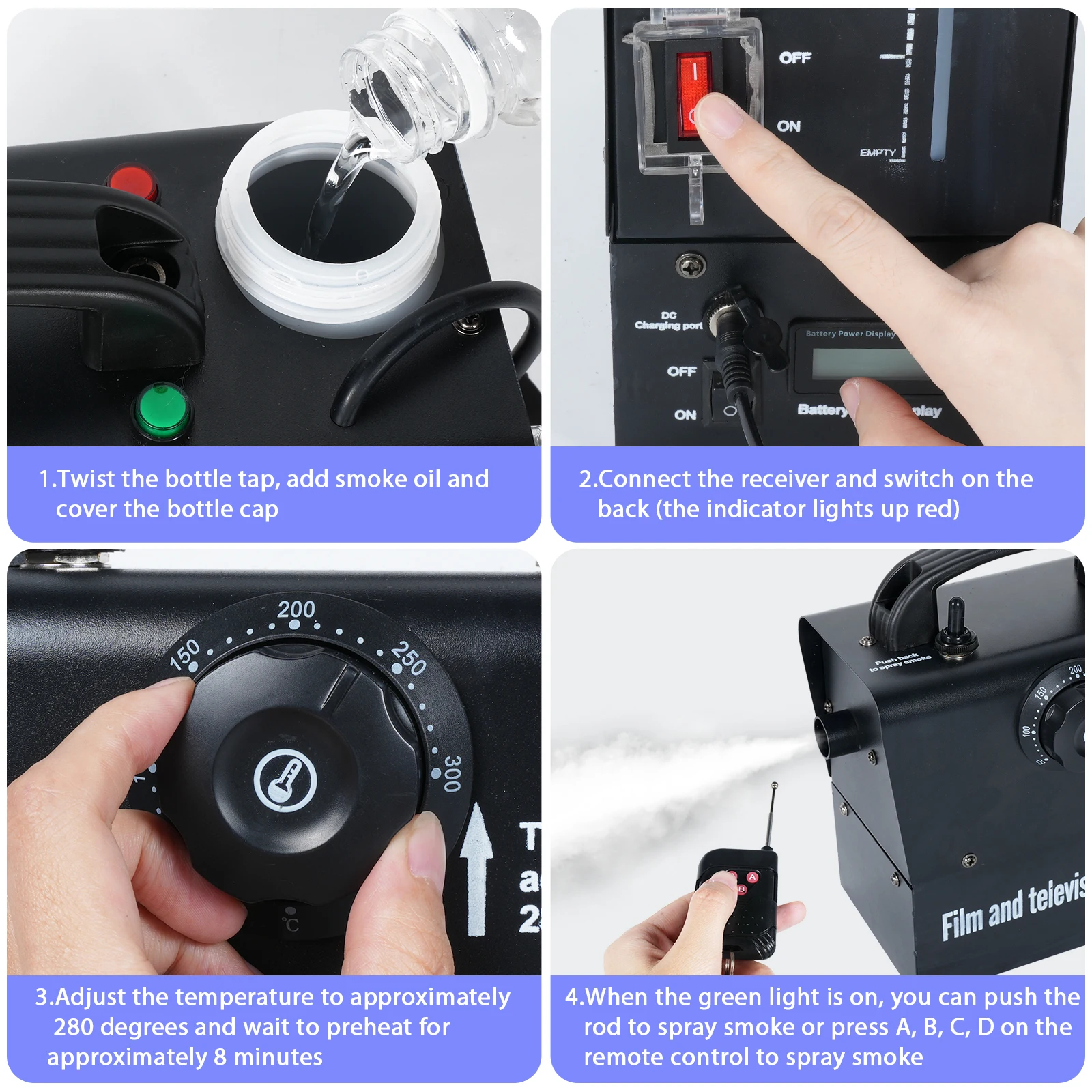 Fieryzeal 400W Rechargeable Fog Machine Stage Show Smoke Machine Remote Control Stage Light for Disco DJ Party Club Bar Event