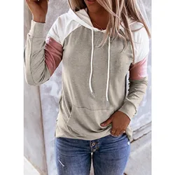 Women Spring Hoodies Casual Color Block Hoodies Long Sleeve Drawstring Pullover Sweatshirts Female Patchwork Hooded With Pocket