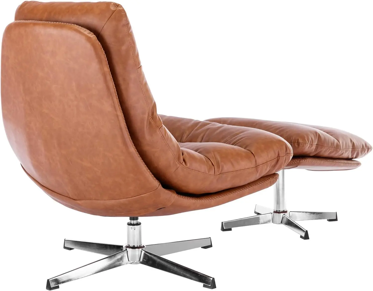 Comfy Accent Swivel Lounge Chair with Ottoman, Faux Leather Upholstered Oversized Club Chair, for Living Room/Bedroom, Brown