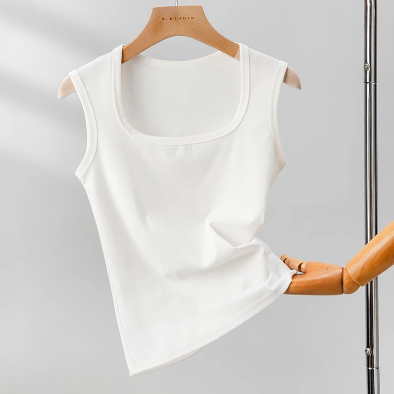 Solides ärmelloses Tanktop für Damen, Sommer-Basic-Top mit dehnbarem, quadratischem Ausschnitt, sexy schulterfreies Top – Detail 11