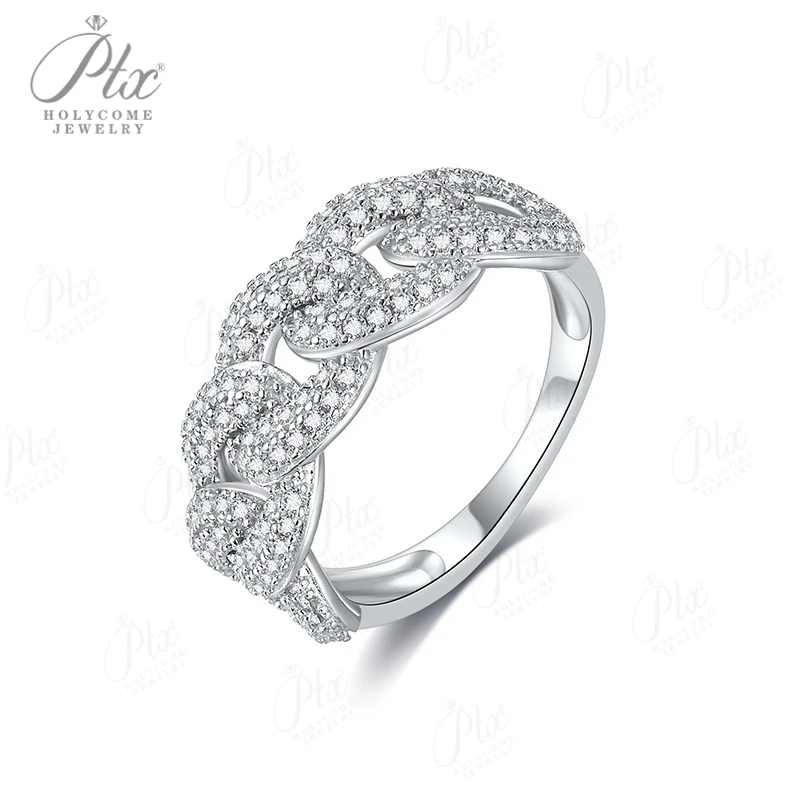Double Line Cuban Link Ring S925 Silver D/VVS1 Grade Moissanite Ring Hip-Hop Style Unisex Suitable as a Halloween Gift