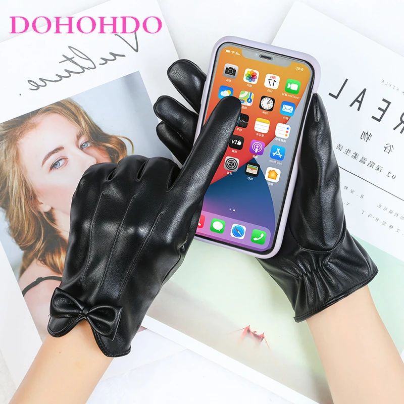 السيدات قفازات جلدية تعمل باللمس في الخريف والشتاء سميكة الدافئة ركوب الدراجات القيادة قفازات امرأة قفازات سوداء Perчатки Жеыыыыы
