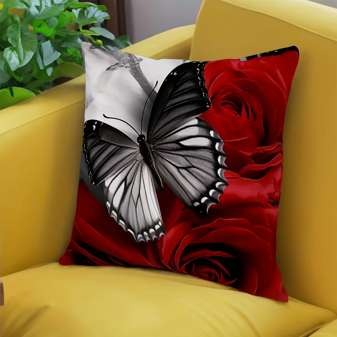 1pc,Rotten Red Rose Butterfly Cushion Cover,Cushion Cover Room Decor, Collectible Buildings Accessories Cushion Is Not Included