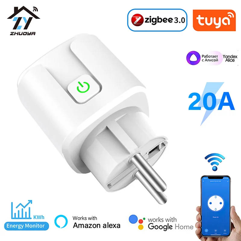 ZY Tuya ZigBee Smart Plug 20A EU Smart Socket With Power Monitor Smart Home via Smart Life Control Work With Alexa Google Home