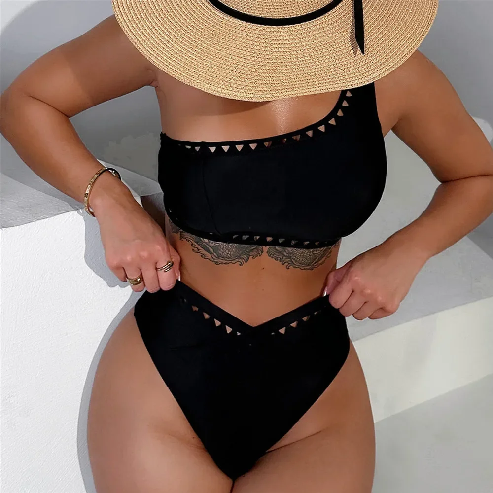 

Сплошной черный сексуальный купальник женский 2025 бикини на одно плечо с высокой талией и вырезами купальный костюм с высоким вырезом бразильские бикини