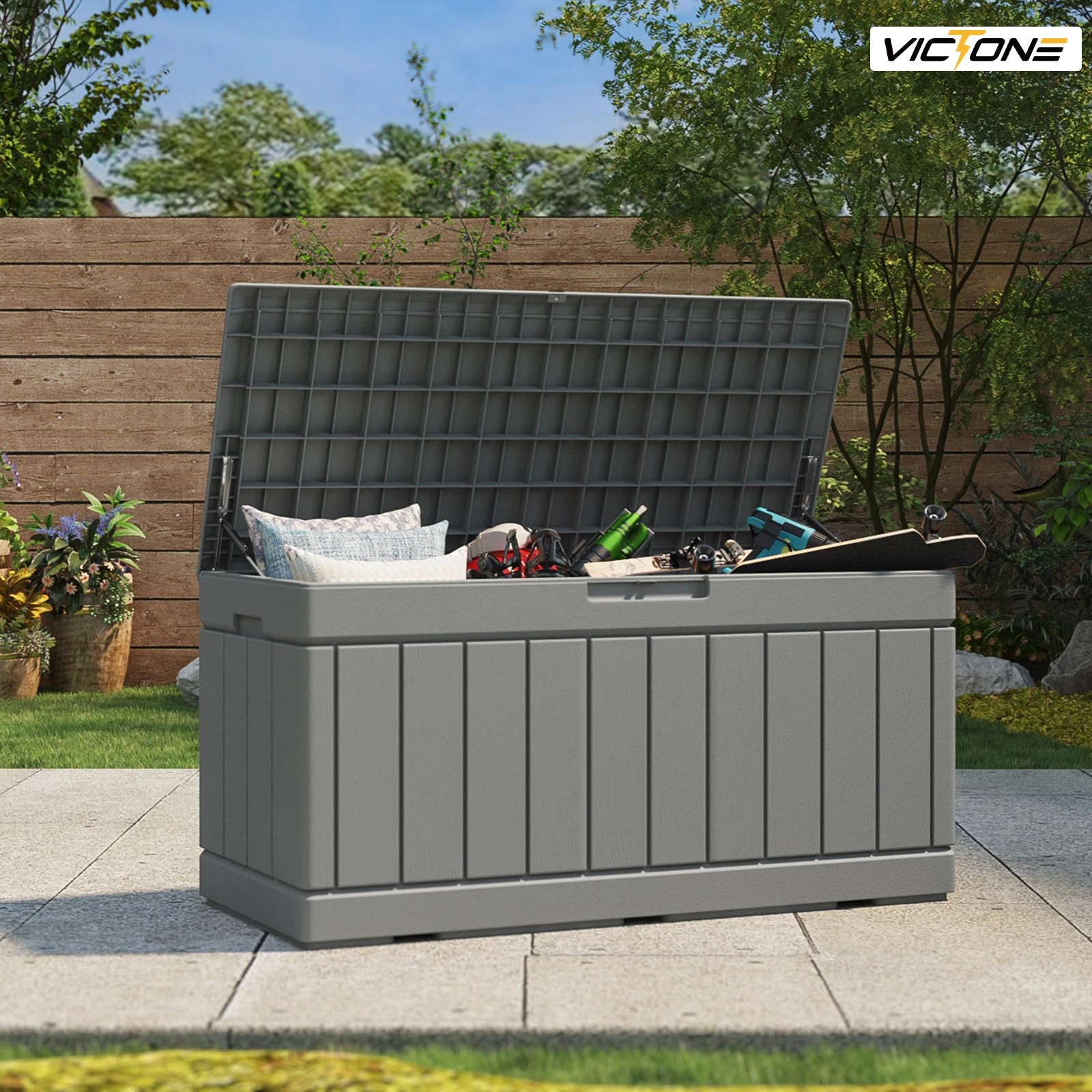 Victone 82 Gallon Deck Box, Waterproof Large Wood Look Outdoor Lockable Storage Box for Patio Fumniture, Toys, Garden, Grey