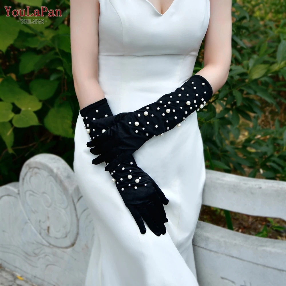 YouLaPan VM12 Black Bridal Gloves 1 Pair Pearls Wedding Gloves Long Above the Elbow Bachelorette DIY Party Accessories