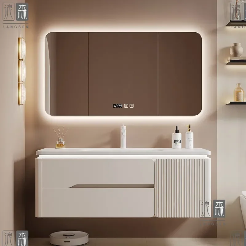 Cream Style Corian Integrated Basin Bathroom Cabinet Oak Veneer Arc Wash Table Ceramic Hand Washbasin Modern Vanity Unit