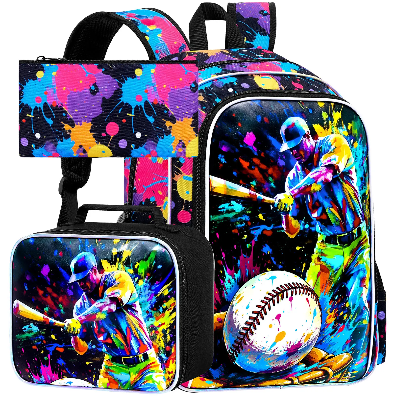 

3 шт. рюкзаки для мальчиков, детская сумка для книг 16 дюймов, водонепроницаемая для мальчиков, легкий рюкзак с коробкой для завтрака - бейсбол с распылением