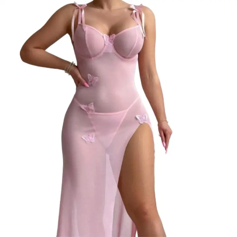 Butterfly Applique Sheer Mesh Maxi Slip Dress Underwire  Nightdress Tie Strap Back Cut Out High Slit Two Piece Lingerie Set
