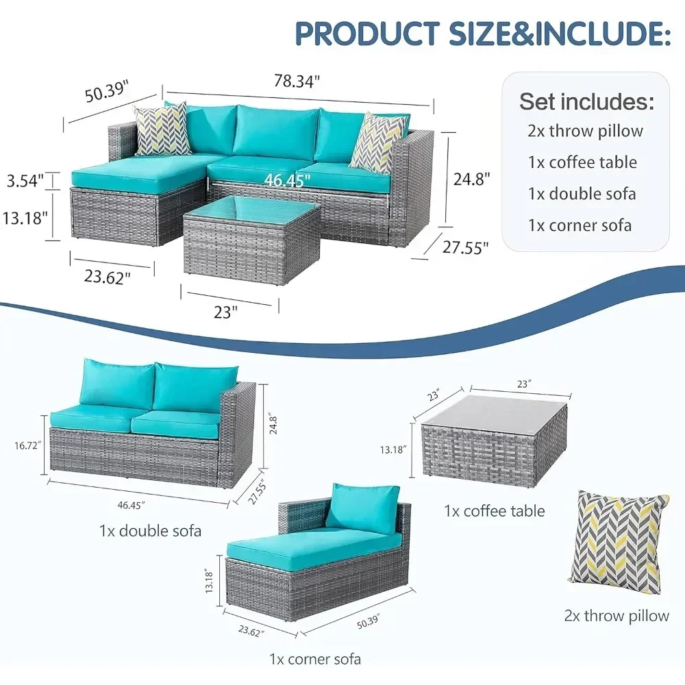 Outdoor Sofa Set 3 Pieces, All-Weather Rattan Wicker, with Washable Cushion and Glass Table, Patio Sofa Set