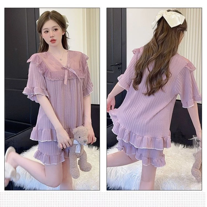 Conjunto de pijamas de Estilo Princesa de talla grande 5XL, pantalones cortos de manga corta de algodón de encaje de verano para mujer, ropa para el hogar, transmisión directa en vivo, Pjs