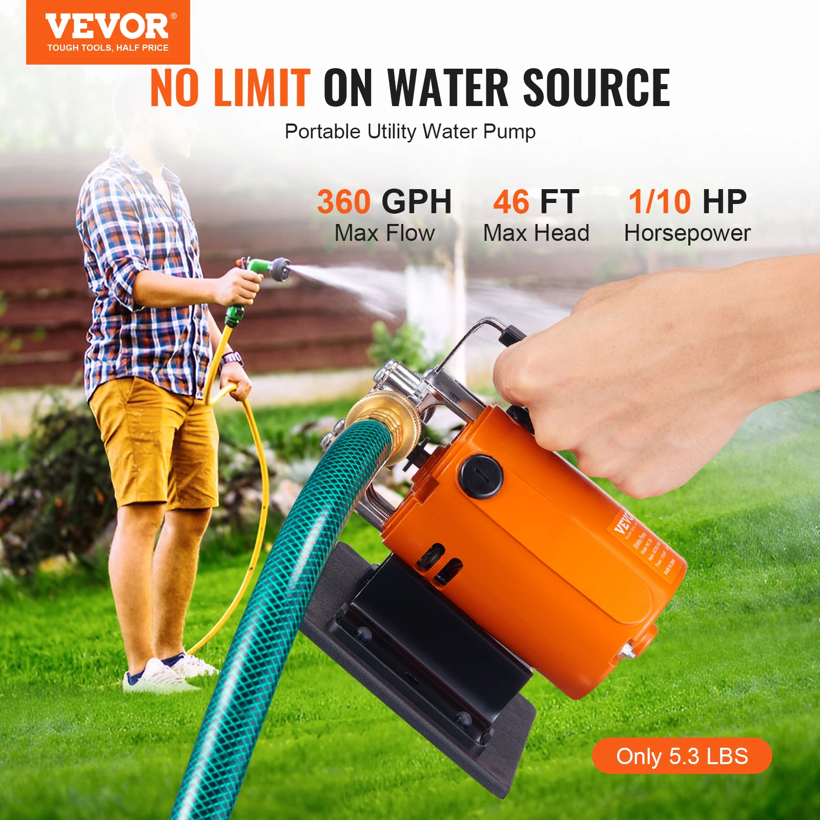 VEVOR Water Transfer Pump 120V AC 360GPH 1/10 HP Portable Electric Utility Pump  for Garden, Rain Barrel, Pool, Pond, Aquarium