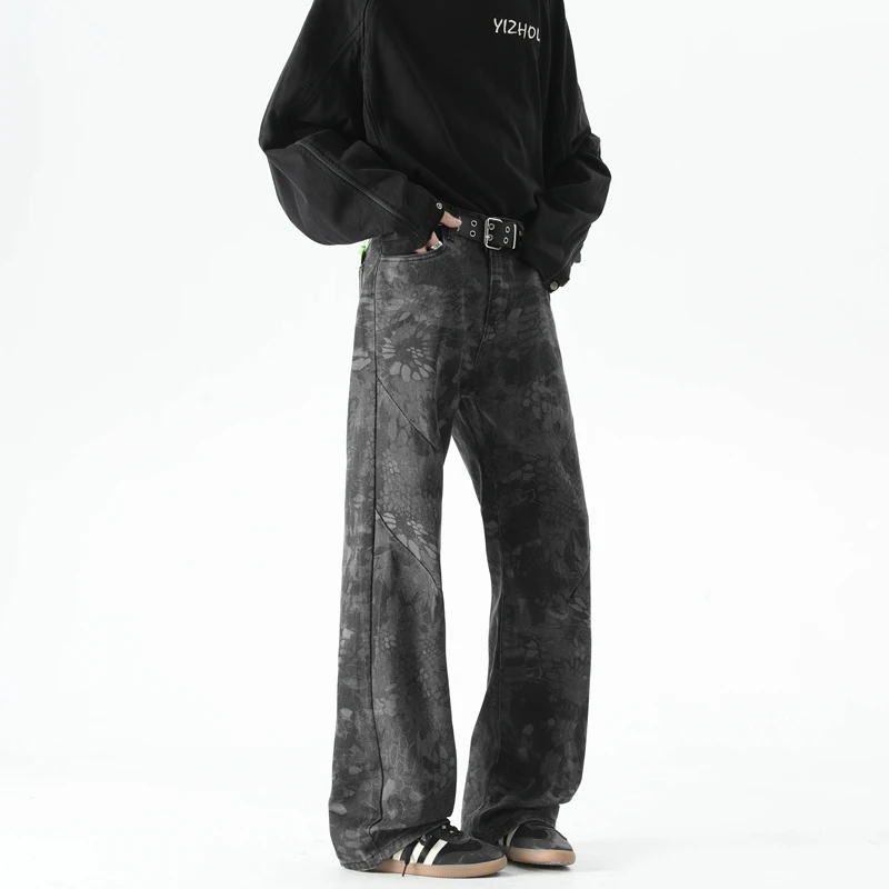Print Graffiti Vintage Camouflage Men's Baggy Jeans Fashion Washed Casual Wide Leg Denim Pants Autumn Winter Loose Male Trousers