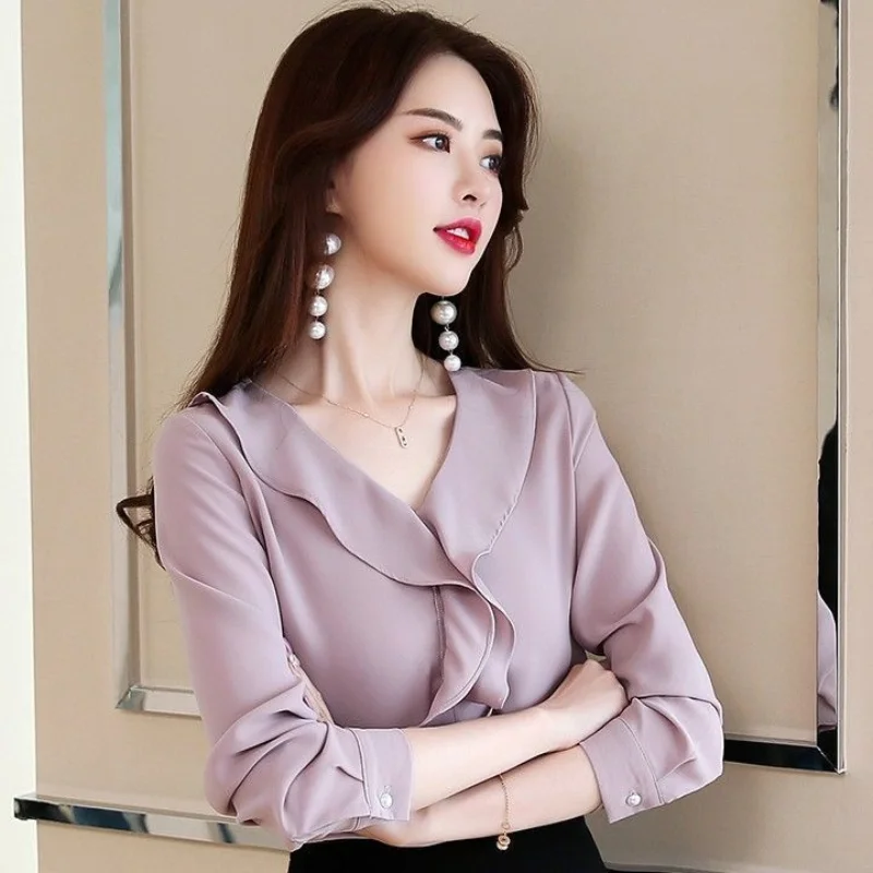 Chiffon Shirt Vrouwen Lange Mouw 2023 Lente/Zomer Nieuwe Koreaanse Stijl Temperament Overhemd Mode Ruche Top