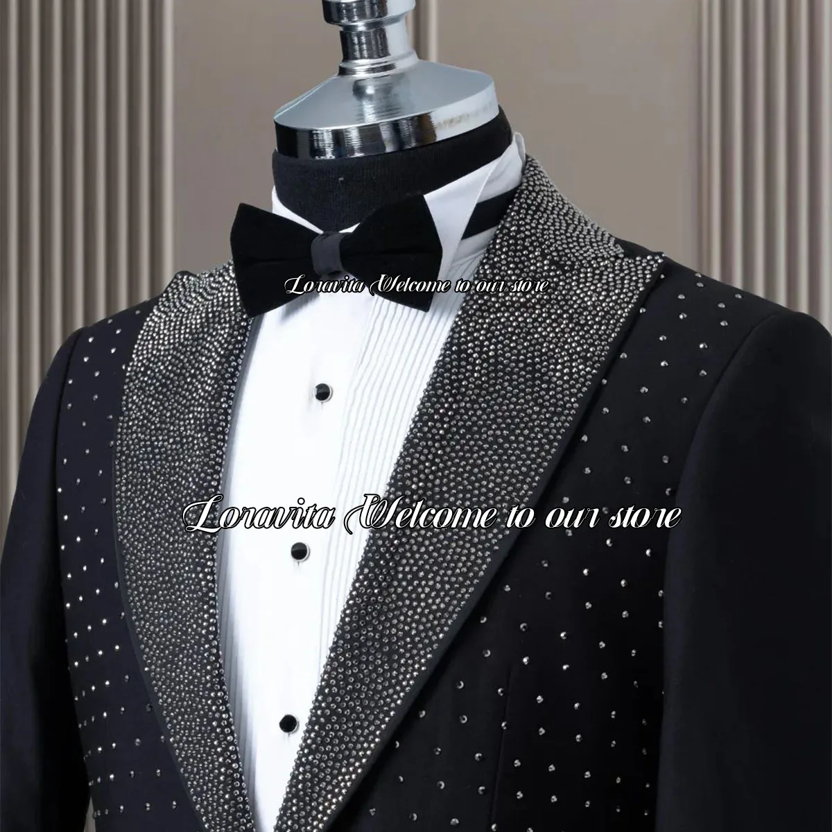 Sparkly Crystal metal Men's Wedding Suits Stanrd Collar Groom Tuxedos Slim Male Prom Blazers 2 Pieces Groomsmen Costume Homme