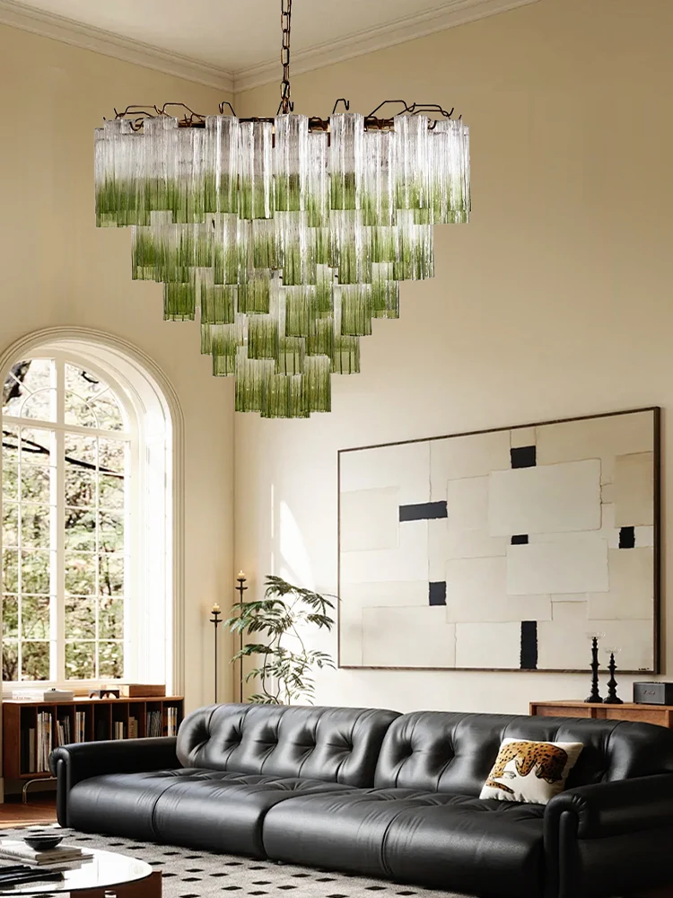 French gradient green glass chandelier long tube Murano Glass  lamp Design Vintage Hanging Lamp Living Room Staircase hall lamp