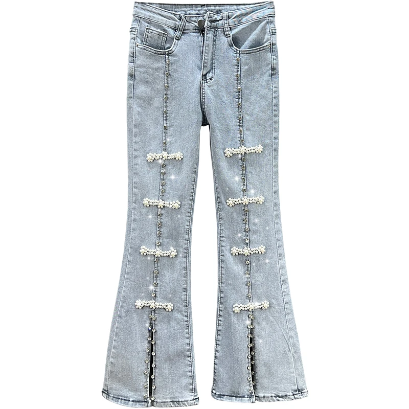 Pantalones acampanados de mezclilla con punta dividida para mujer, pantalones vaqueros ajustados de cintura alta con cuentas de diamantes, ropa