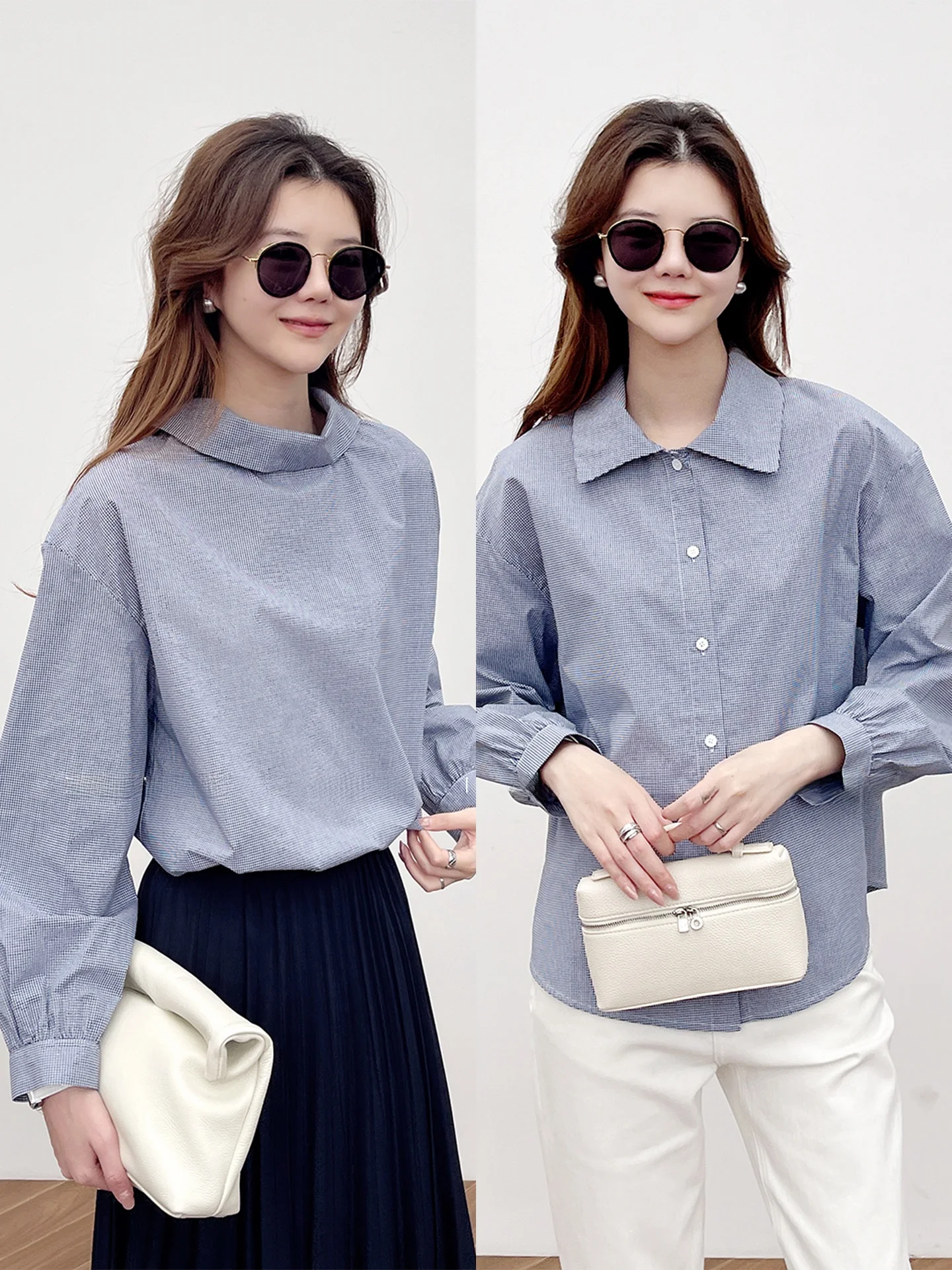 

Korean Sle Long Sve Cotton irt Women's Commute Faion Cheered Pattern Turn-down Collar Versatile Wearable Design